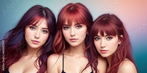 Women with healthy long brown hair and straight bangs above eyes, with natural makeup. Hair color beauty concept. Flying hair. Beauty portrait isolated on colorful background. Generative AI