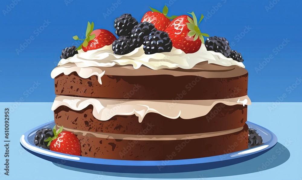 a chocolate cake with berries on top of it on a blue plate with a blue sky in the backgrounnd of the image. generative ai a chocolate cake with berries on top of it on a blue plate with a blue sky in the backgrounnd of the image. generative ai