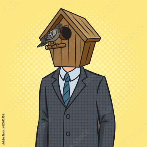 businessman politician with birdhouse head pinup pop art retro vector illustration. Comic book style imitation.