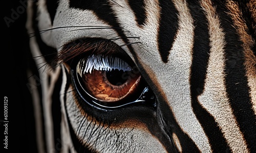  a close up of a zebra s eye with a black background and a white and black stripe on the side of the zebra s eye.  generative ai