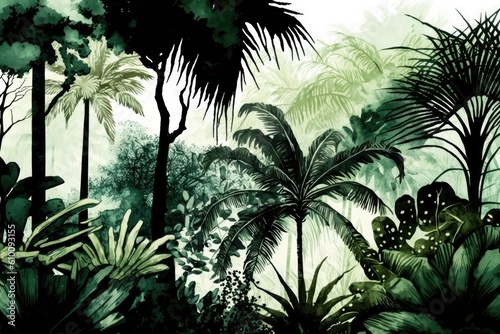 The tropical forests edge. Greenery wallpaper pattern that is repeated. A rainforest landscape with palm palms. Background painted by hand. Generative AI