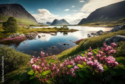 Norways summertime countryside with flowers. Norwegian landscape and typical Nordic greenery near the edge of the fjord. On Norways Lofoten Islands, pink clover flowers. Generative AI photo