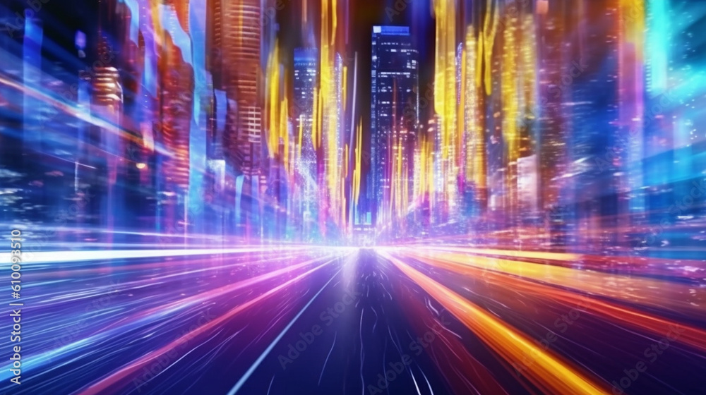 Lines of light seep through the city. Generative AI Lines of light seep through the city. Generative AI
