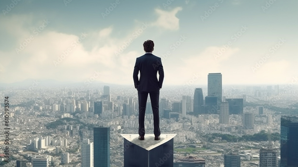 A man in a suit looks out over the city on a ledge. Generative AI A man in a suit looks out over the city on a ledge. Generative AI