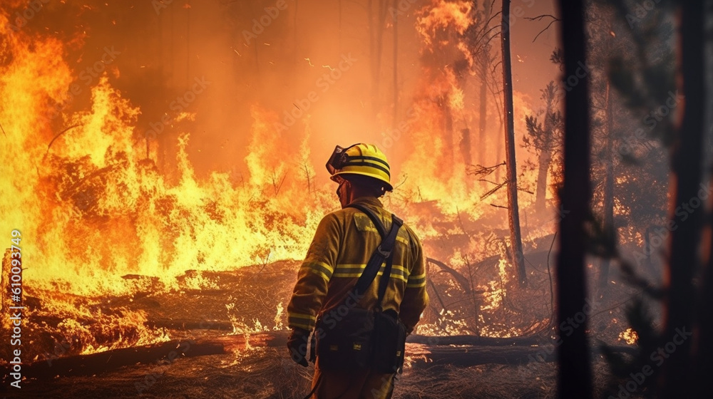 Fireman in a hot forest. Generative AI Fireman in a hot forest. Generative AI
