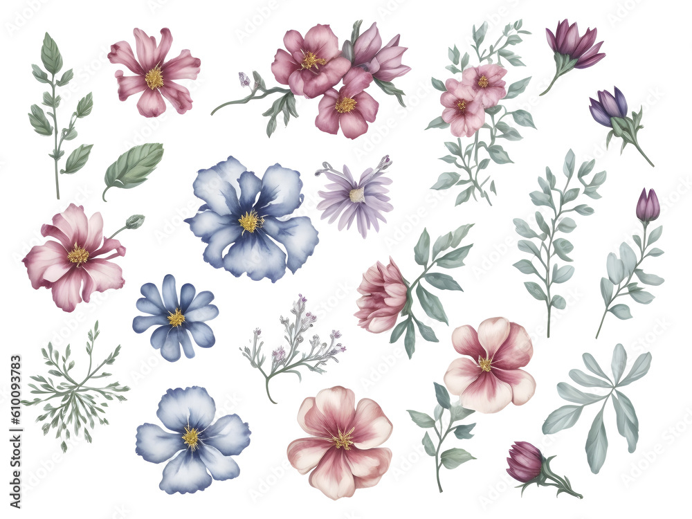 set of watercolor flower on transparent background,generative ai