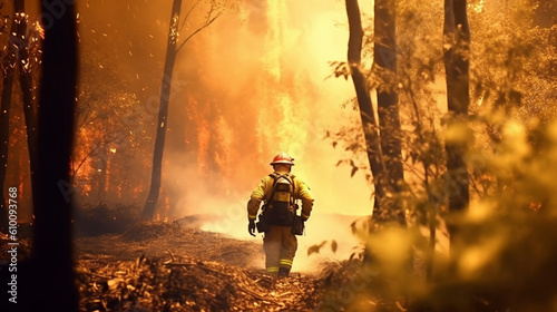 Fireman in a hot forest. Generative AI