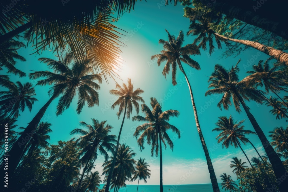 Summer tropical coconut palm trees against blue sky. Background color is neutral. Summer vacation idea. Generative AI Summer tropical coconut palm trees against blue sky. Background color is neutral. Summer vacation idea. Generative AI