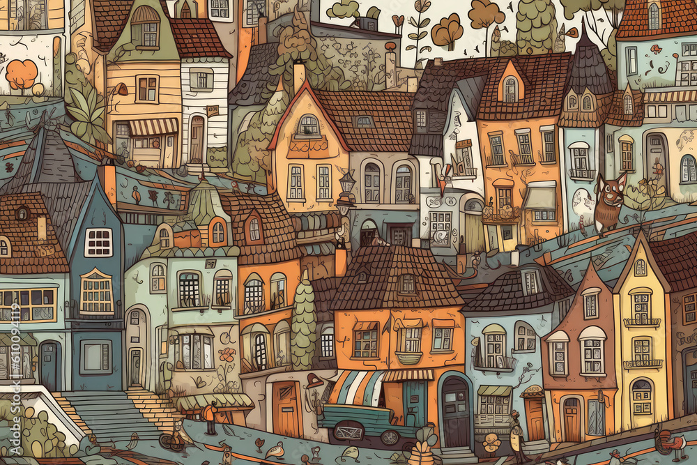 Obraz premium Charming wallpaper design featuring a whimsical cityscape of colorful houses, winding streets, and quirky shops with anthropomorphic animals as residents, generative ai