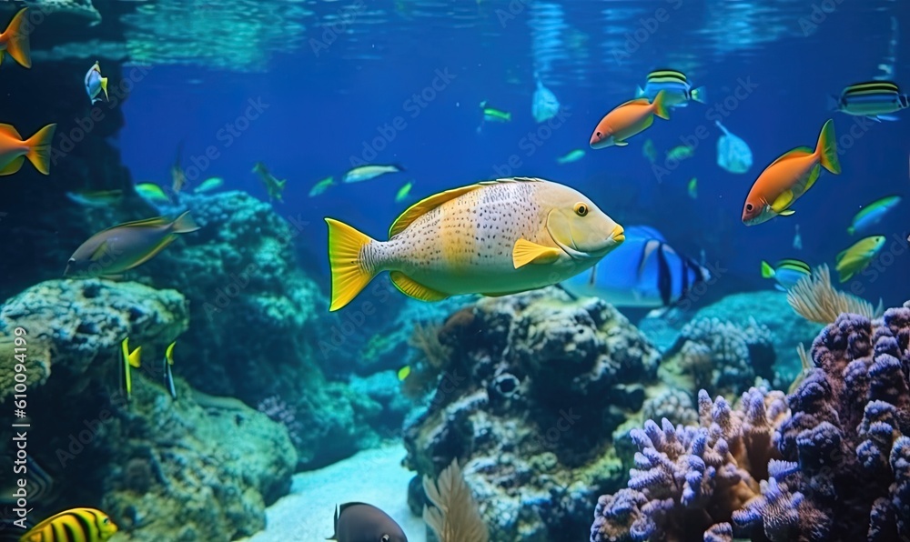 Fototapeta premium a large group of fish swimming around a coral in a large aquarium with blue water and corals on the bottom and bottom of the water. generative ai