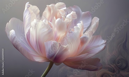  a large pink flower with white petals on a gray background with a blurry image of a bird in the background and a dark background. generative ai