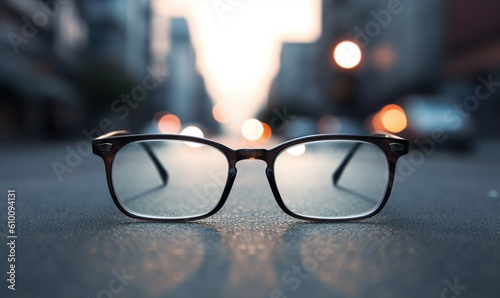  a pair of glasses sitting on the ground in front of a street with a blurry background of a city street at night with lights. generative ai