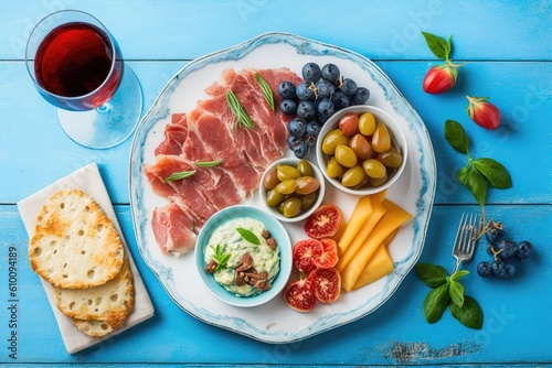 snack set with summer wine. Glass of rose, top view, with meat, cheese, olives, honey, breadsticks, almonds, capers, and berries on a blue wooden backdrop with a white porcelain board in Generative AI