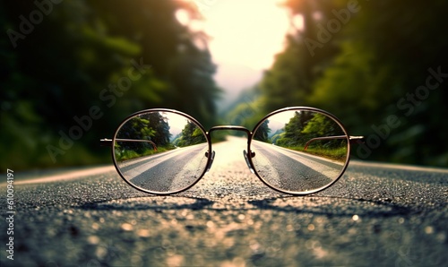  a pair of glasses sitting on the side of a road with trees in the reflection of the glasses on the side of the road,. generative ai