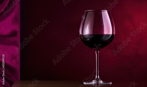  a glass of wine sitting on a table next to a red wall with a purple curtain in the back ground and a red curtain in the background. generative ai
