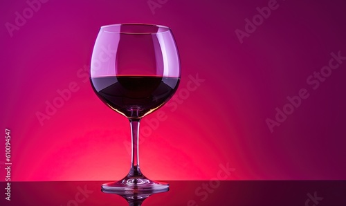  a glass of wine sitting on top of a table next to a purple background with a red light behind it and a red light behind it. generative ai