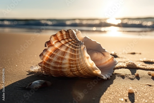 Close-up of a seashell on the sandy beach with gentle waves and sunlight reflecting off the surface, generative ai