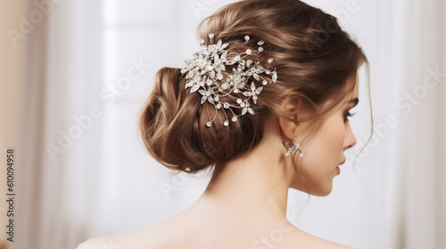 An elegant chignon adorned with sparkling hairpins and cascading tendrils Generative AI