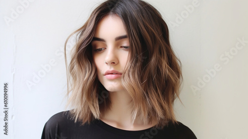 A chic and modern lob (long bob) styled with textured waves and subtle highlights Generative AI photo