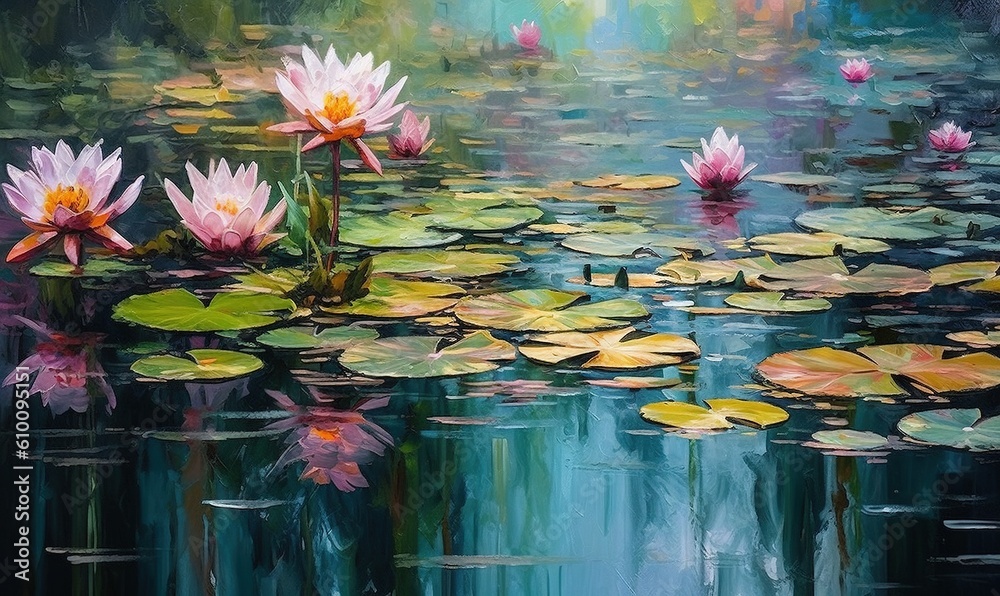 a painting of water lillies and lily pads in a pond of water with green ...