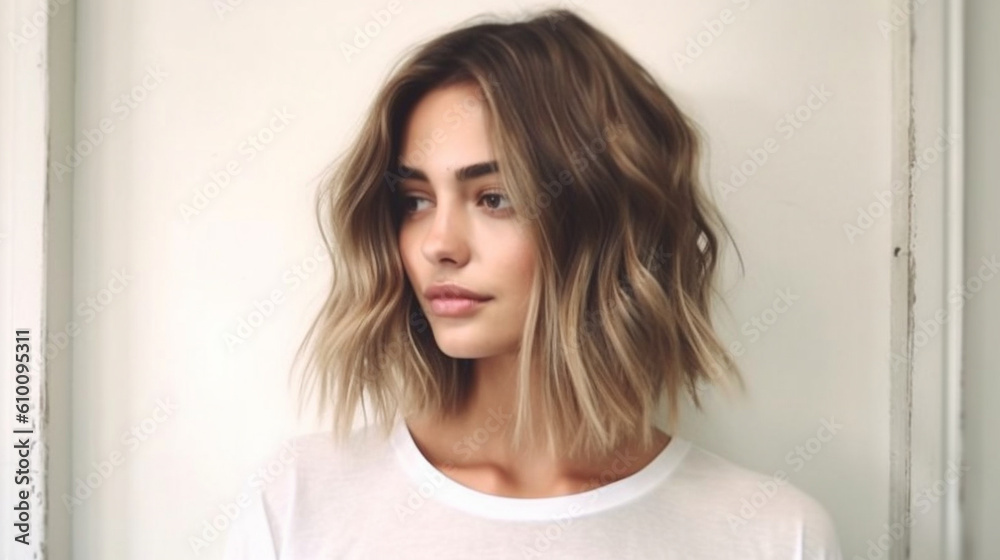 A chic and modern lob (long bob) styled with tousled waves and subtle highlights Generative AI A chic and modern lob (long bob) styled with tousled waves and subtle highlights Generative AI