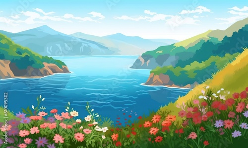  a painting of a scenic view of a lake and mountains with flowers in the foreground and a blue sky with clouds in the background. generative ai