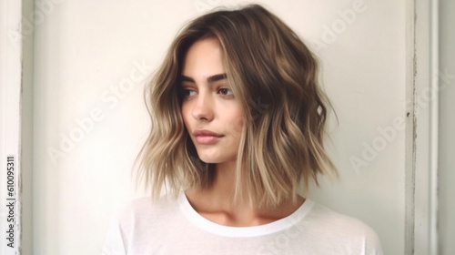 A chic and modern lob (long bob) styled with tousled waves and subtle highlights Generative AI photo
