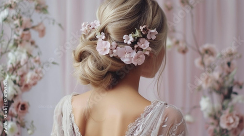 A romantic and ethereal low bun adorned with delicate flowers and soft tendrils Generative AI