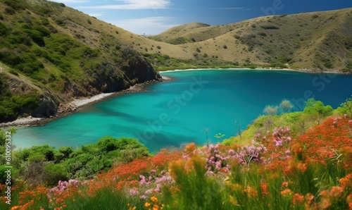  a beautiful blue lake surrounded by lush green hills and wildflowers on the side of a hill side with a blue body of water in the middle of water.  generative ai © Olga