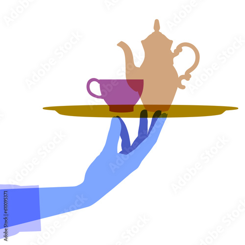Female hand holding a round tray with coffee or tea pot and cup isolated on white. Colorful design in flat style with transparent effect. Vector illustration