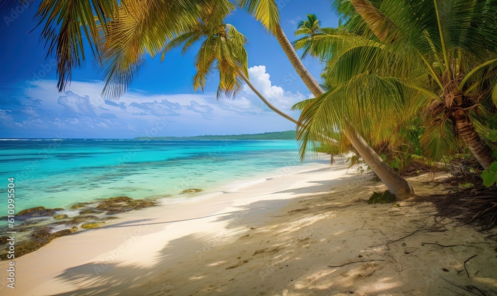 a sandy beach with palm trees and clear blue ocean water on a sunny day with a blue sky and clouds in the background, with a shadow of a shadow from the sand. generative ai a sandy beach with palm trees and clear blue ocean water on a sunny day with a blue sky and clouds in the background, with a shadow of a shadow from the sand. generative ai