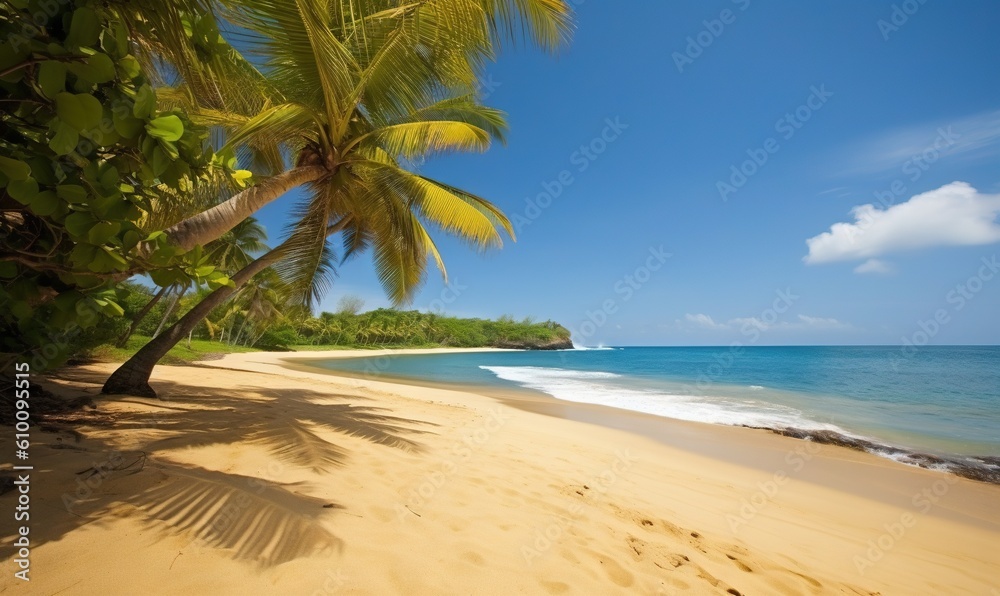  a beach with a palm tree and a blue ocean in the background and a blue sky with clouds in the distance with a few clouds in the sky.  generative ai