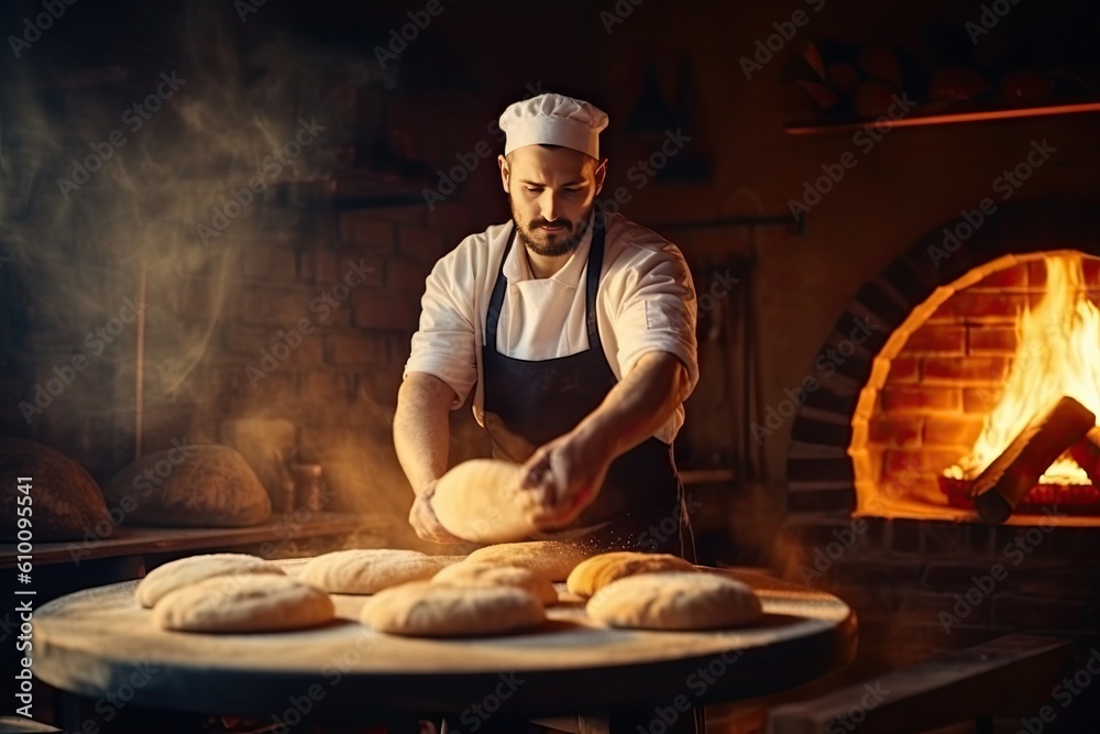 in an artisan bakery, the baker kneads the dough for the bread.