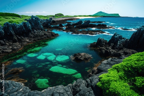 The gorgeous emerald-colored ocean of Jeju Island is a popular Korean holiday destination. Generative AI