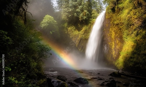  a waterfall with a rainbow in the middle of the water and trees around it and a rainbow in the middle of the water and a rainbow in the middle of the water. generative ai