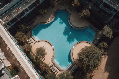 Empty blue swimming pool. Modern pool top view. Summer vacation in luxury resorts concept. Generative AI