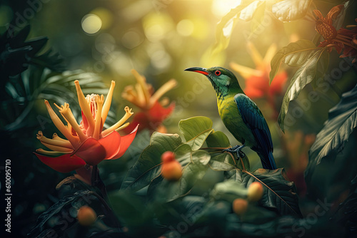 Colored tropical bird and beautiful surreal flowers. Generative AI © barmaleeva