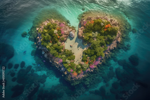 A tropical island in the middle of the ocean in the shape of heart. A place to relax. Generative AI