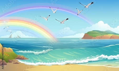  a rainbow over the ocean with birds flying over it and a lighthouse in the distance with a rainbow in the sky above the ocean and a beach with waves.  generative ai