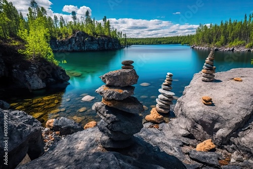 stacked stones or obo in a summertime northern woodland quarry setting with turquoise river. Natural scenery in the Russian North is lovely. Russian Karelias Ruskeala Marble Canyon. Generative AI