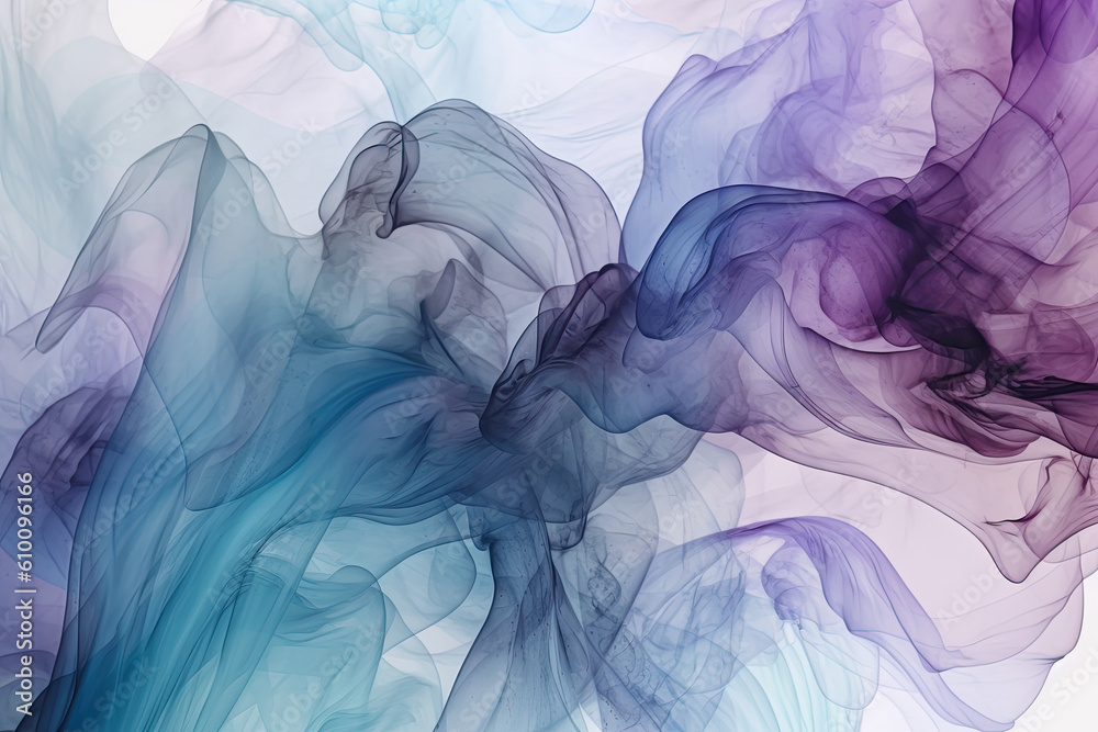 Delicate ink smudges in shades of purple and blue arranged in a flowing pattern on a light blue background, generative ai