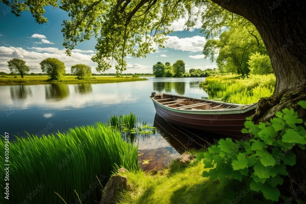 On a lovely summer day, a boat sits on the shore of a small lake surrounded by green trees. Generative AI On a lovely summer day, a boat sits on the shore of a small lake surrounded by green trees. Generative AI