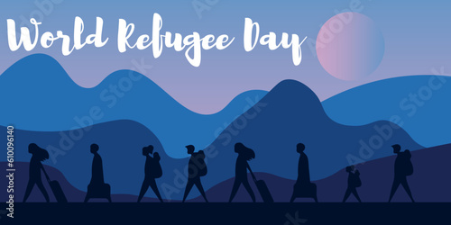 Silhouettes of many people with luggage in mountains. Banner for World Refugee Day
