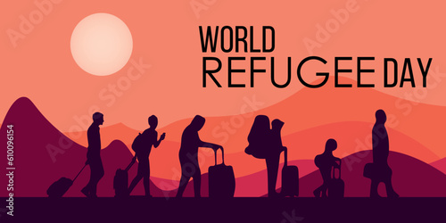 Silhouettes of many people with luggage in mountains. Banner for World Refugee Day