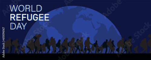 Silhouettes of many people with luggage and planet Earth on dark blue background. Banner for World Refugee Day