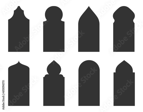 Arabic arch windows and doors style vector silhouettes.Architectural type of arches shapes and forms.Set of vector Islamic door and window shapes on transparent background. Vector illustrations