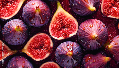 Background of freshly picked and cleaned figs with drops of water, fresh fruit. Generative IA photo