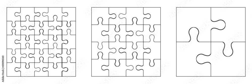 Various sizes puzzle set. Puzzle pieces assembled together in square patterns of different sizes. Set of white puzzle pieces on transparent background. Vector illustration Various sizes puzzle set. Puzzle pieces assembled together in square patterns of different sizes. Set of white puzzle pieces on transparent background. Vector illustration