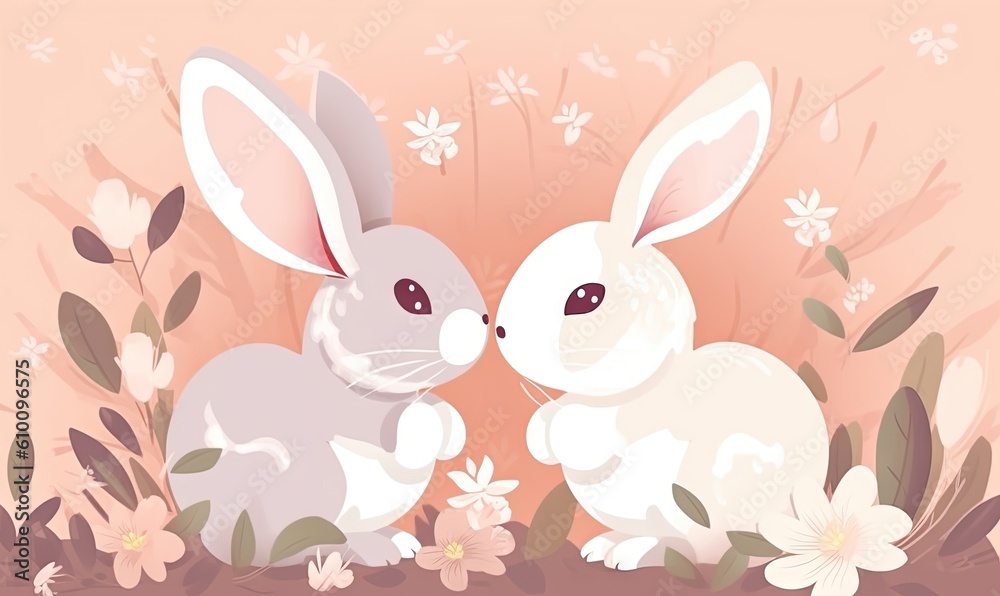  a couple of white rabbits sitting next to each other on a field of grass and flowers with pink and white flowers in the foreground.  generative ai