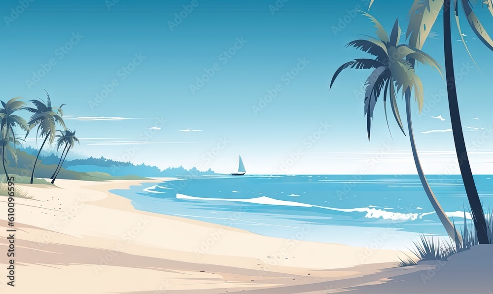  a painting of a beach with palm trees and a sailboat in the water and a blue sky with white clouds and a few white clouds.  generative ai